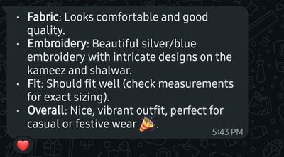 Customer message screenshot